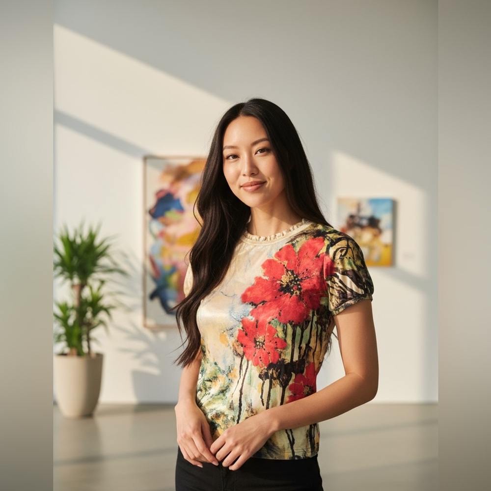 B.L.E.U. - EC - Artistic Floral Top with Red and Green Hues